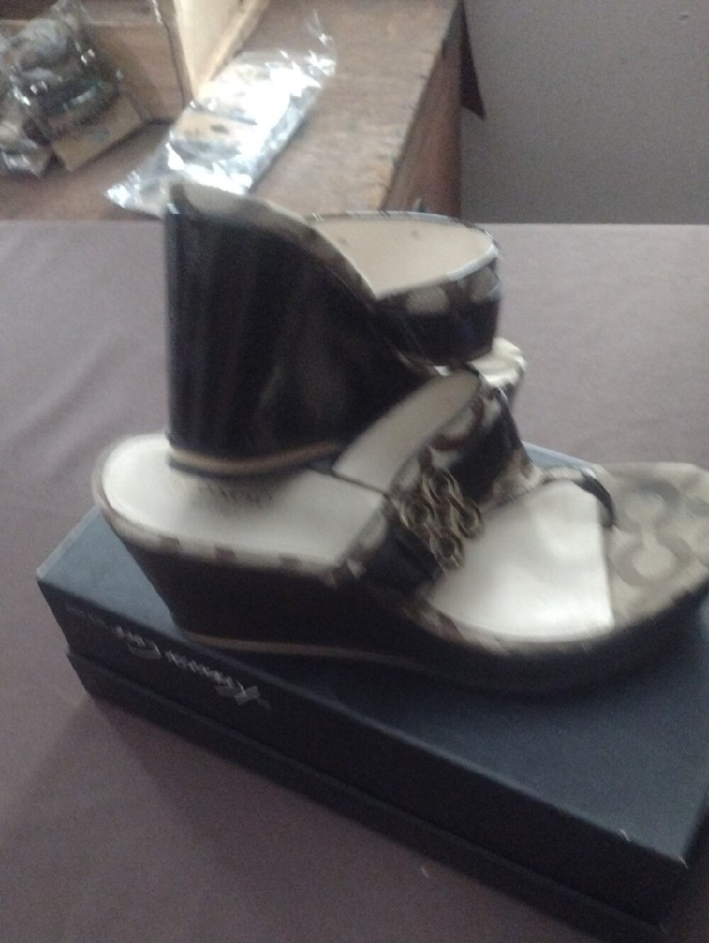 Coach Brown and Black Signature Monogram Wedge Sandals - Picture 3 of 8